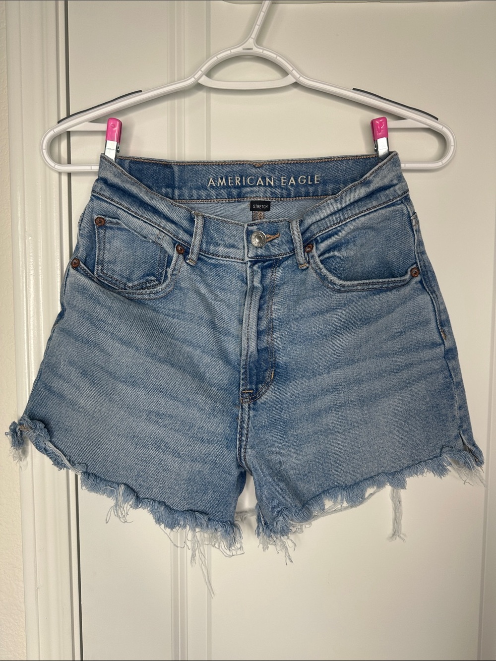 American Eagle Outfitters Light Blue High-Rise Distressed Denim Shorts